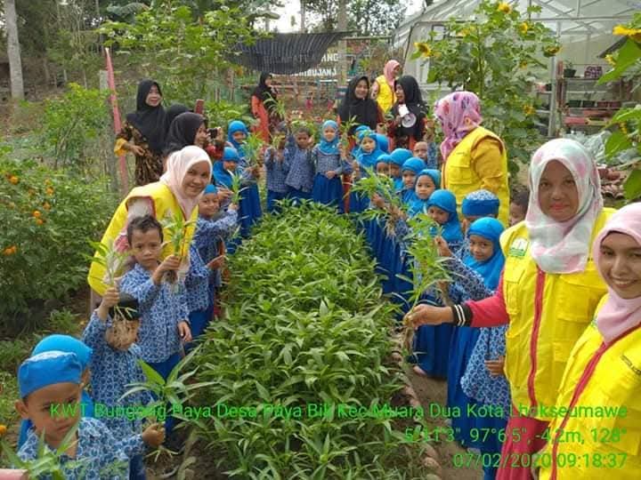 Kunjungan TK Al Bunayya dan tim penyuluhan dari dinas pertanian kota lhokseumawe di KWT Bungong Paya